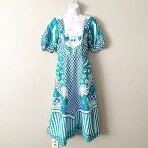 Celina Moon Queen of Hearts Blue Teal Puff Sleeve Midi Dress Women's Size Medium